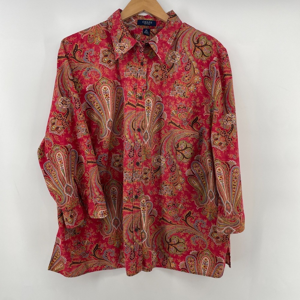 Chaps Shirt Women Plus size 2X Cotton Paisley 3/4 Sleeve Button-Up Preppy Career